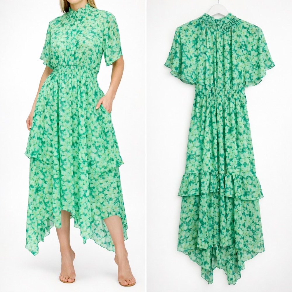 Melloday Green Floral Midi Dress XS Smocked Waist Tiered Handkerchief Hem
